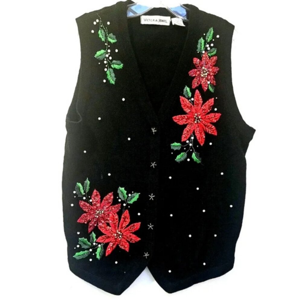 Victoria Jones Poinsettia Ivy Pearl Embroidered Black  Ramie Cotton sz M sweater